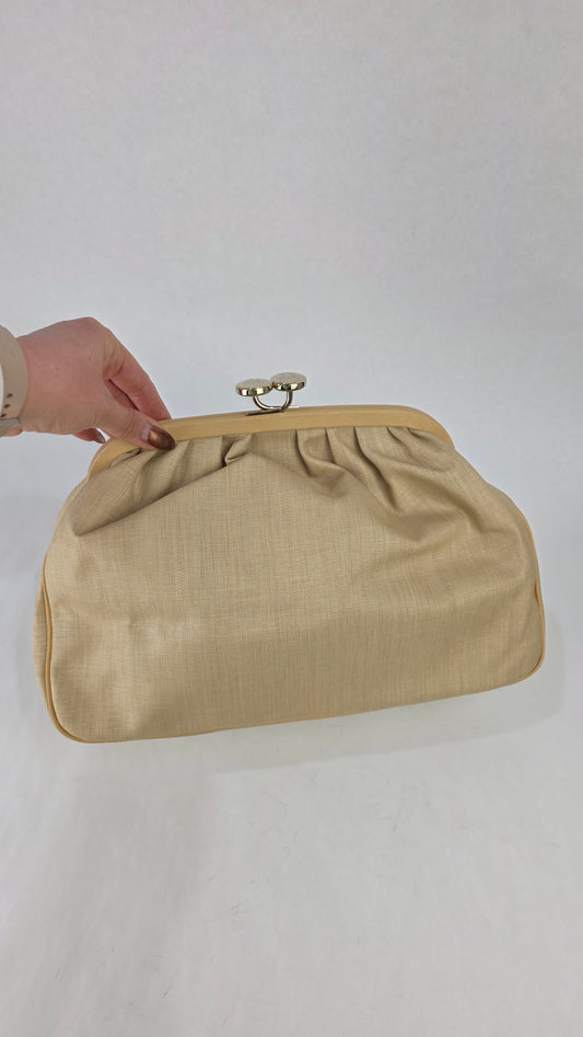 Celine Beige Coated Canvas Kisslock Clutch - 3260