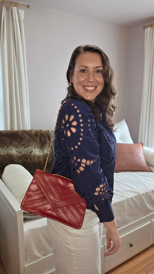 Chanel Red Lamb Skin V Stitch Chain Shoulder Bag - 3447