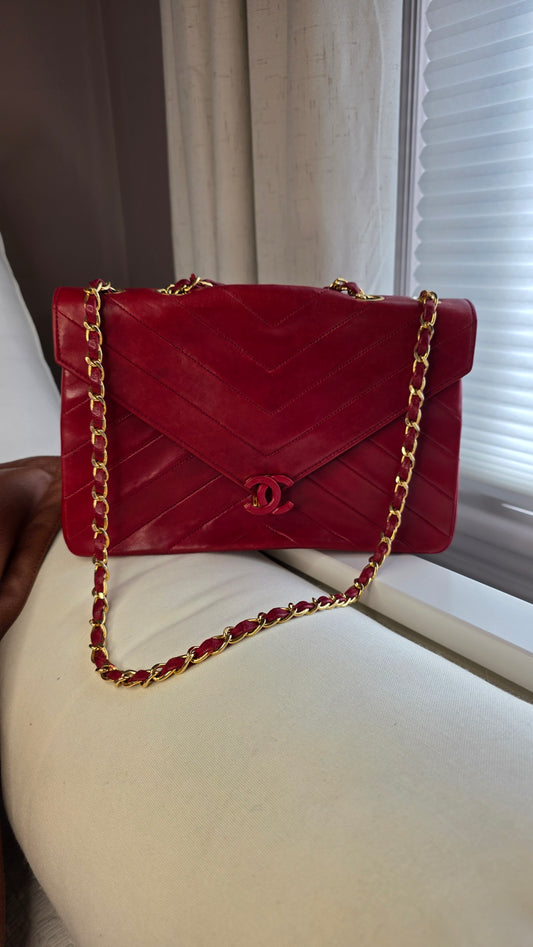 Chanel Red Lamb Skin V Stitch Chain Shoulder Bag - 3447