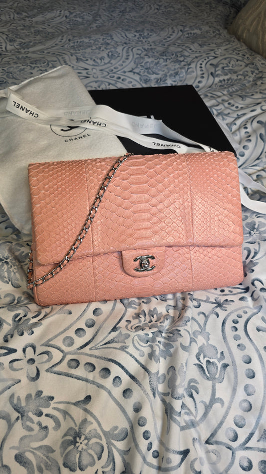 Chanel Exotic Pink Python Single Flap Shoulder Bag - G0444