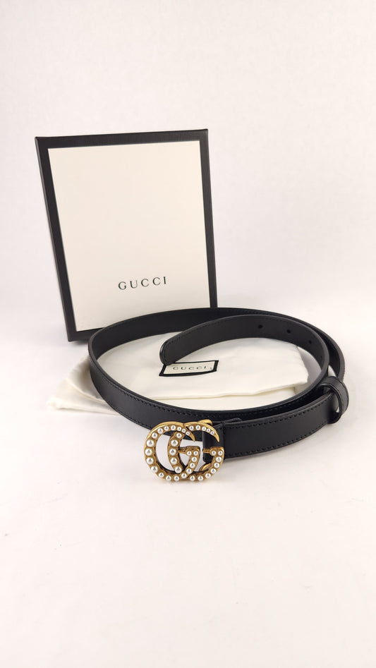 Gucci Marmont Black Leather Belt w/ Pearl GG - 3601