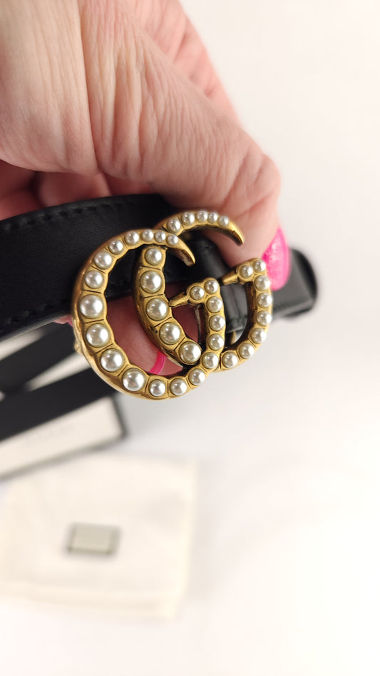 Gucci Marmont Black Leather Belt w/ Pearl GG - 3601