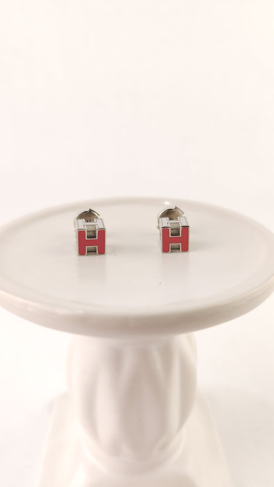 Hermes H Pink/Silver Tone Pierced Earrings - 3635