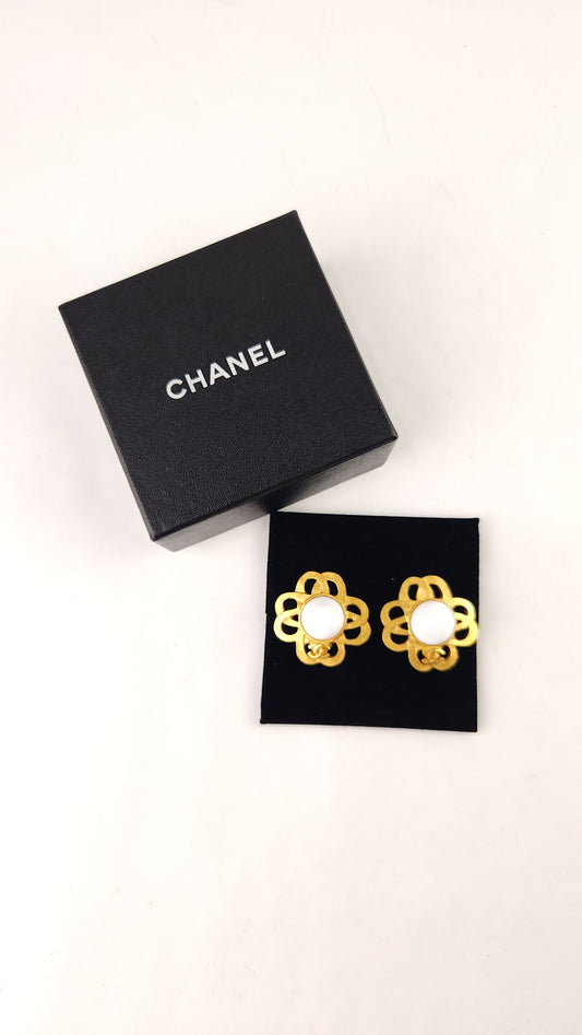 Chanel Gold Tone CC Flower w/White Enamel Clip-On Earrings - G0605