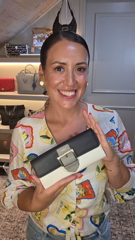 Furla Black/Cream/Grey Leather Long Wallet - G0700
