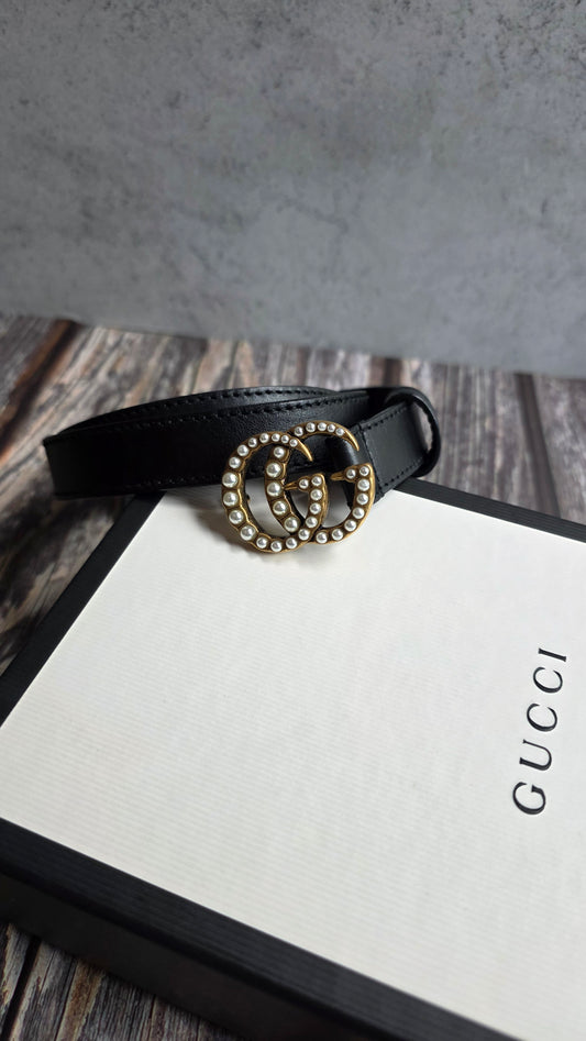 Gucci Marmont Black Leather Belt w/ Pearl GG - 3601