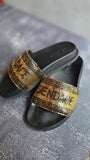 Fendace Black Pool Slides with Gold Metal Mesh - 1586