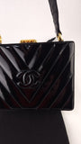 Chanel Black Patent Leather V-Stitch Box Shoulder Bag - G0728