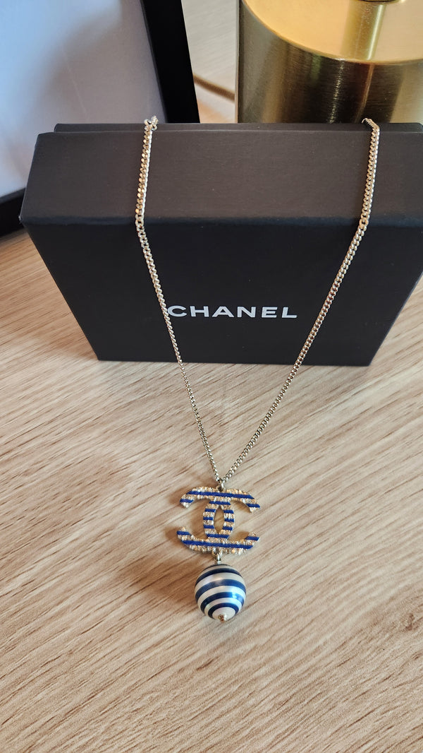 Chanel Blue and Light Gold Tone CC Pendant Necklace - 3529