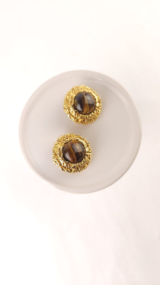 Chanel Gold Tone Tiger Eye Clip-on Earrings - G0752