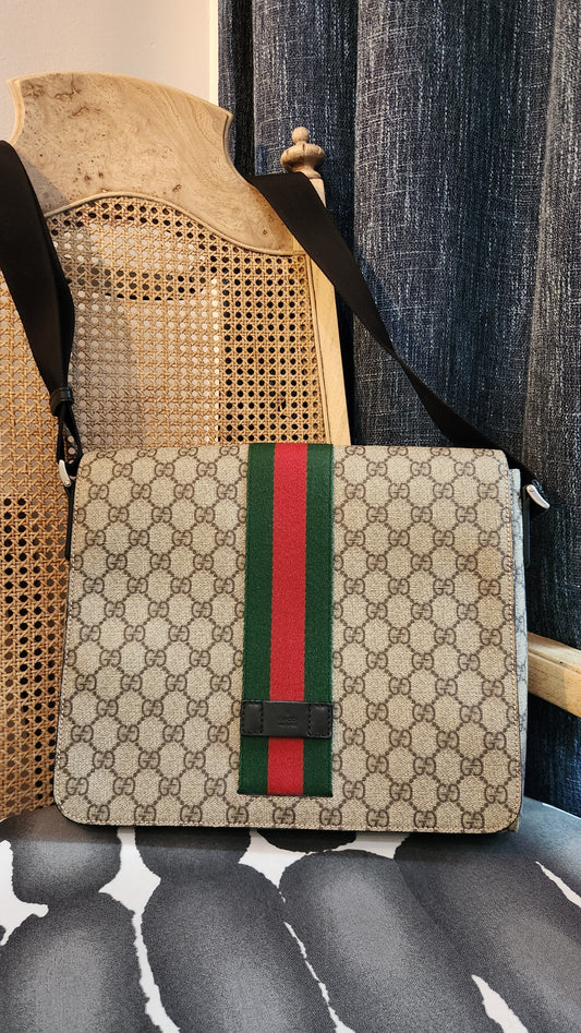 Gucci GG Supreme Web Brown Flap Messenger Bag - R0004