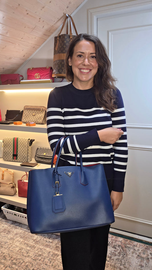 Prada Blue Saffiano Leather Double Tote Bag - R0014