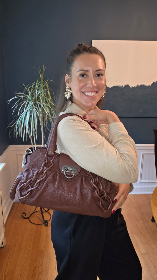 Salvatore Ferragamo Brown Leather Gancini Handbag - 3796