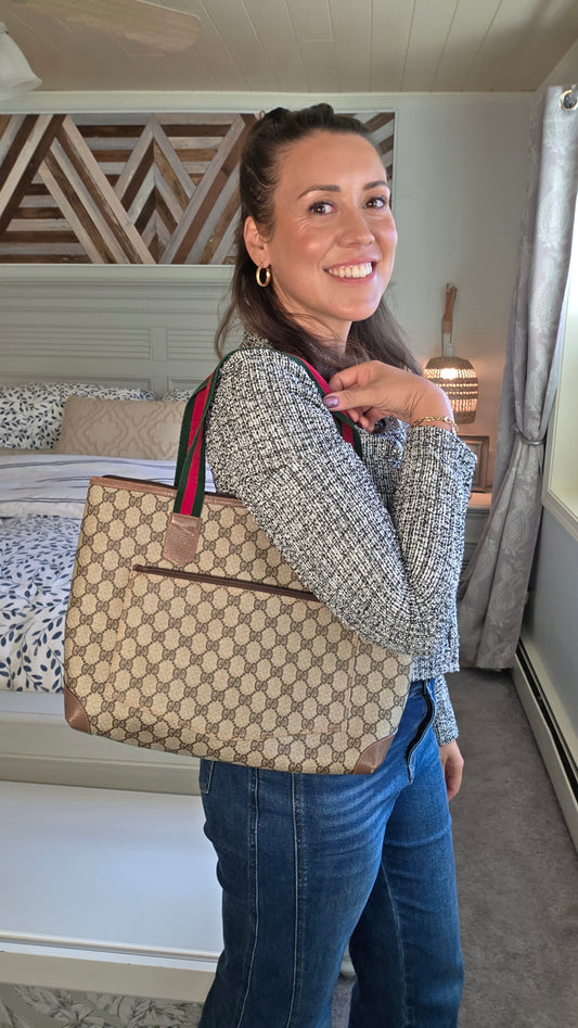 Gucci GG Supreme Web Sherry Line Beige Tote Bag - 3809