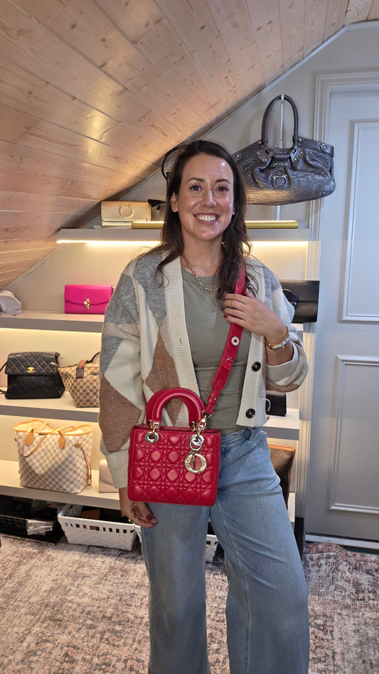 Christian Dior Red Leather Small Lady Dior 2way Bag - G1000