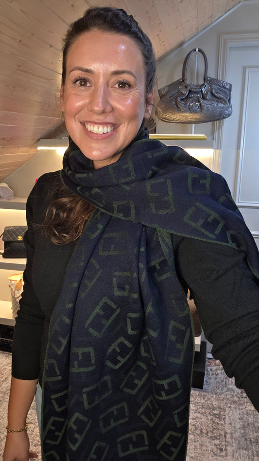 Fendi Navy & Green 100% Wool Reversible Scarf - R0280