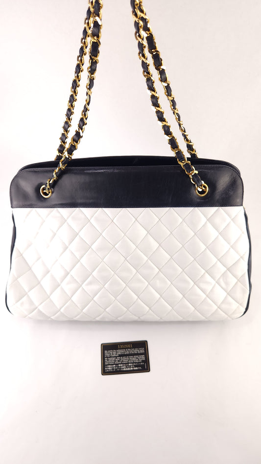Chanel Matelasse Navy/White Lamb Skin Double Chain Tote - G0370