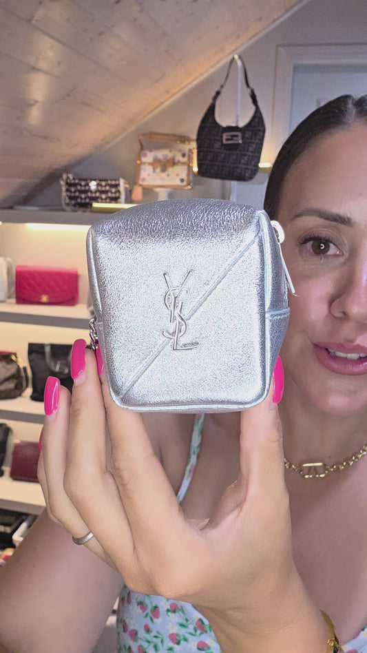 YSL Silver Leather Jaime Cube Charm Pouch - G0719