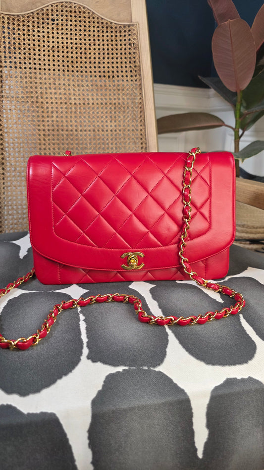 Chanel Diana 25 Red Lambskin Chain Shoulder Bag - 3497