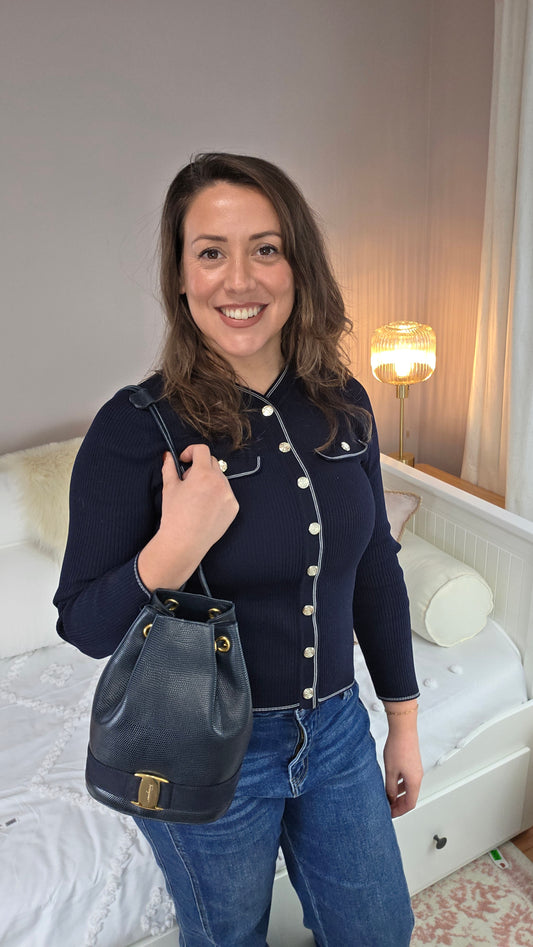 Salvatore Ferragamo Vala Navy Leather Backpack - 3156