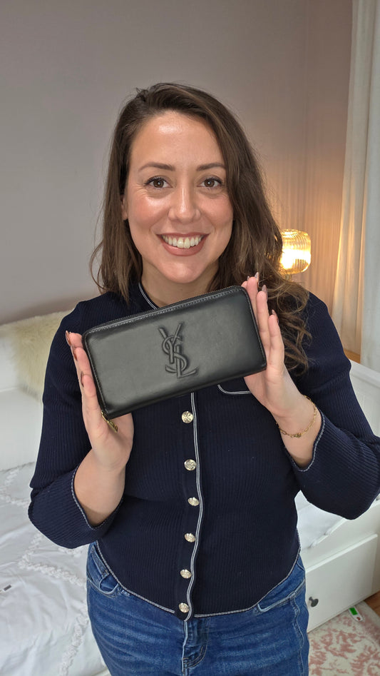 YSL Black Leather Long Zippy Wallet - 3187