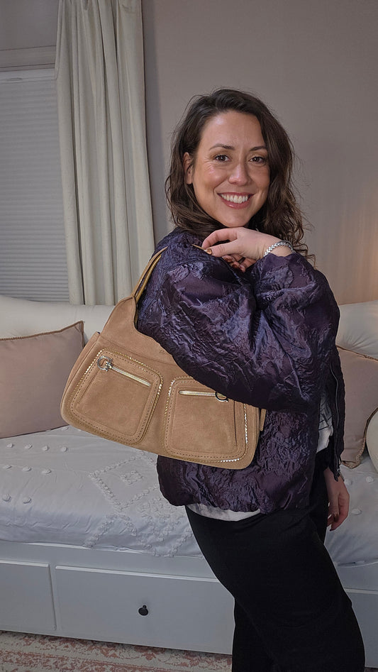 Salvatore Ferragamo Gancini Tan Suede Shoulder Bag - 3261