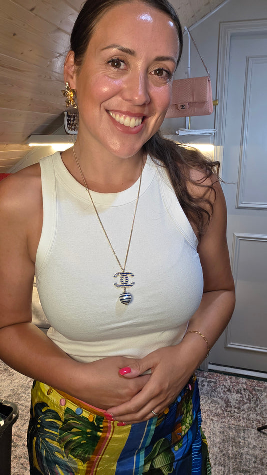 Chanel Blue and Light Gold Tone CC Pendant Necklace - 3529