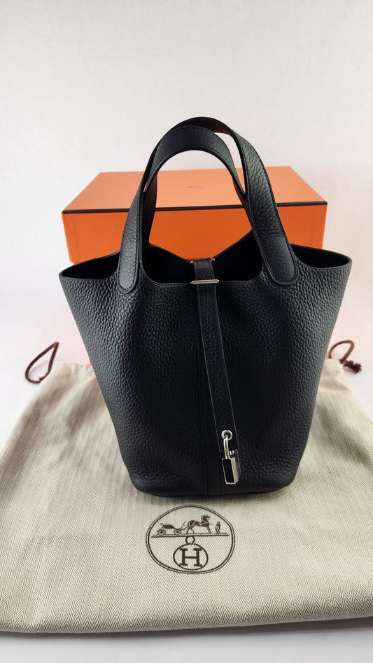 Hermes Picotin Taurillon Clemence Black Leather Palladium Hardware 18 PM - G0343