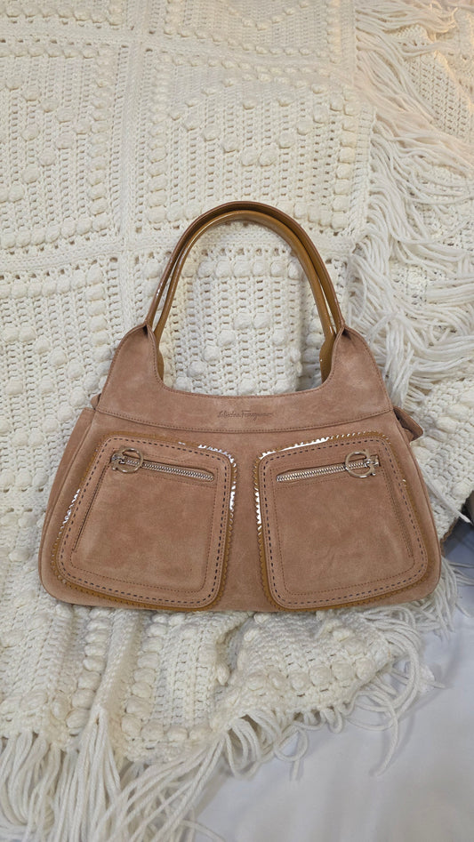 Salvatore Ferragamo Gancini Tan Suede Shoulder Bag - 3261
