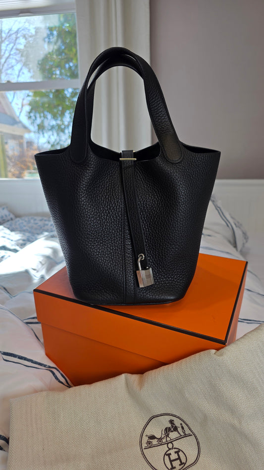 Hermes Picotin Taurillon Clemence Black Leather Palladium Hardware 18 PM - G0343