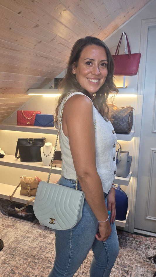 Chanel Blue/Grey Leather Chain Shoulder Bag - 3623