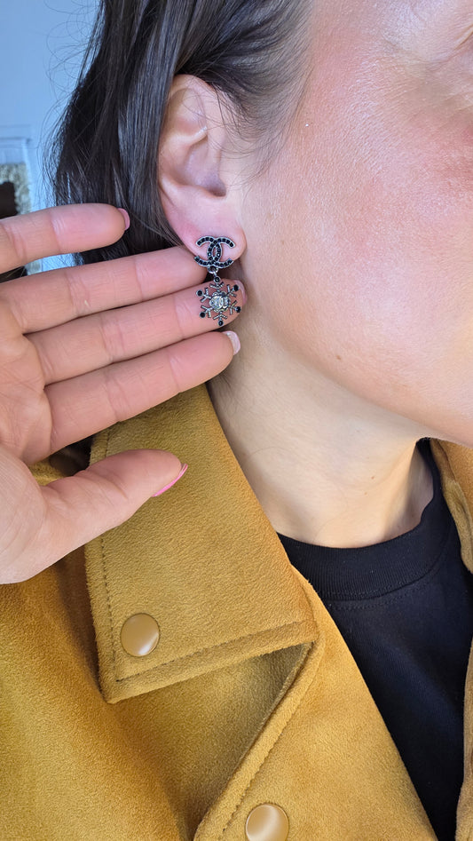 Chanel Black Rhinestone CC & Snowflake Pierced Earrings - G0308