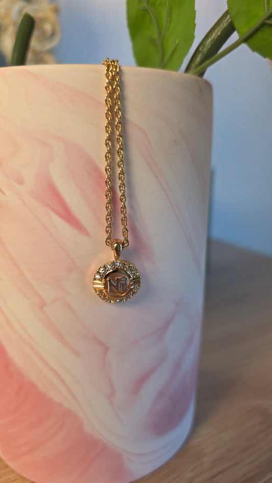 Nina Ricci Gold Tone Necklace w/ Rhinestone Circle Charm - 3021