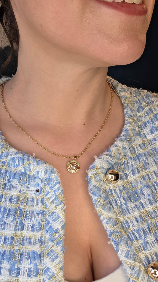 Nina Ricci Gold Tone Necklace w/ Rhinestone Circle Charm - 3021