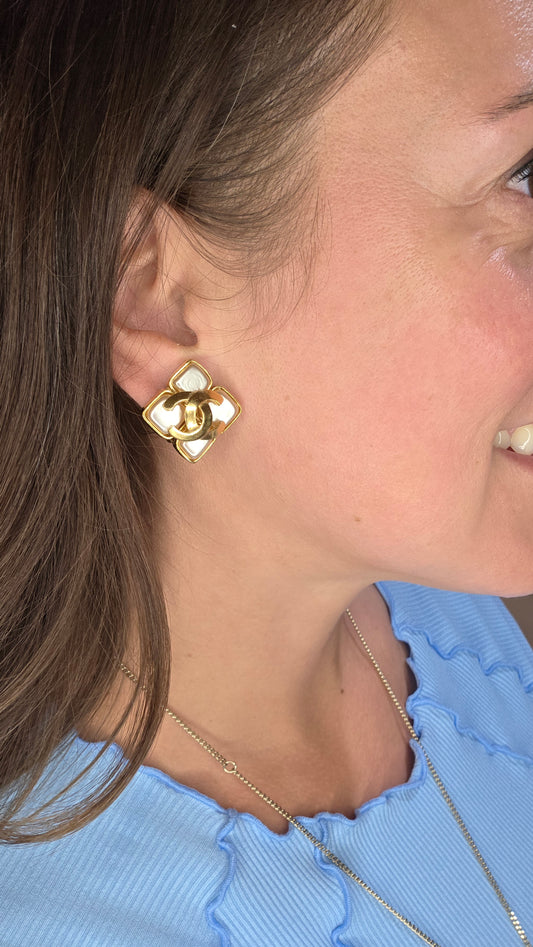 Chanel Gold & Pearl Like Stone Clip-on Earrings - G0965