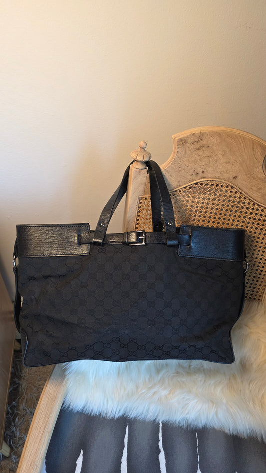 Gucci GG Black Canvas w/Leather Tote Bag - G0417