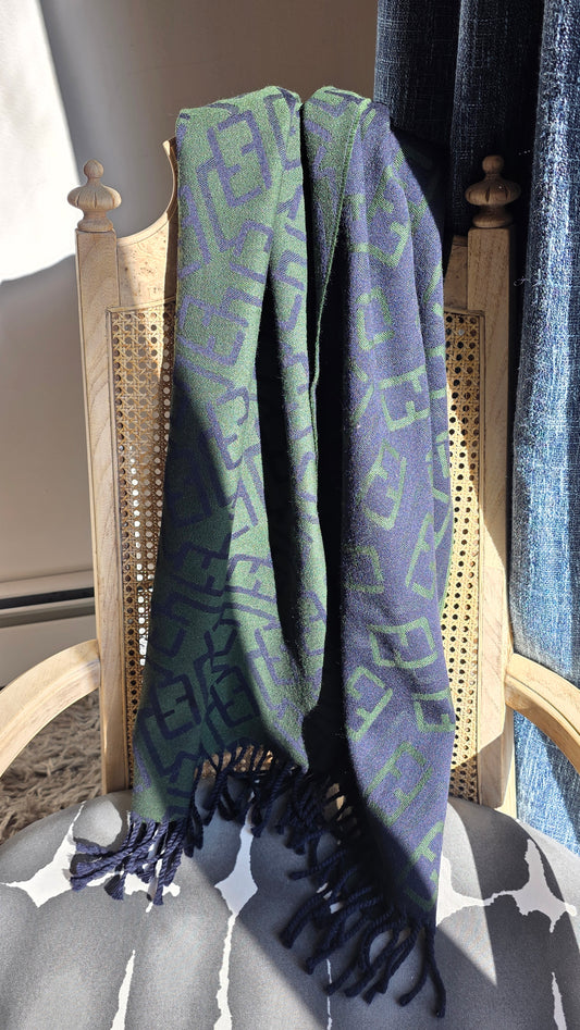 Fendi Navy & Green 100% Wool Reversible Scarf - R0280
